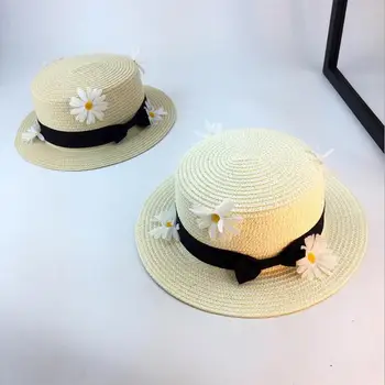 Forældre-barn-cap Sommeren Kvinder og børn Skipper Strand Hat Kvindelige Casual Panama Hat Dame Helt Klassiske Sløjfeknude Halm Fladskærms solhat