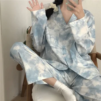 Nattøj til Kvinder Passer til Efterår/forår/sommer Himmel Blå Tie-dye Trykt Pyjamas koreansk Stil 2020 Ny Pyjamas To-delt Sæt
