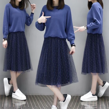 2020 Foråret 2 delt Sæt Kvinder Sweater Mesh Nederdel Sæt Plus Size Kvinder, To-delt Outfits koreanske Conjuntos De Mujer KJ2021