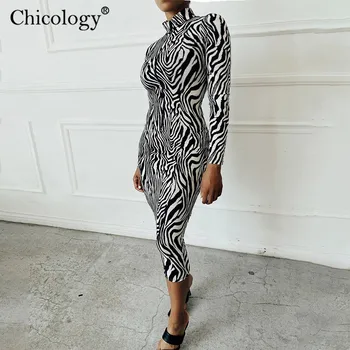 Chicology Hul Zebra Zip Langærmet Midi-Bodycon Dress Kvinder 2020 Vinteren Falder Tøj Sexy Club Streetwear Fødselsdag Udstyr
