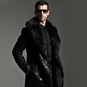 Vinter blive varm imiteret pels herre lang design læder trench coats mænd fur frakke jaqueta de couro begge sider plus størrelse