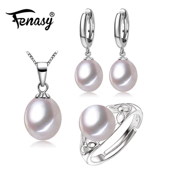 FENASY 925 Sterling Sølv halskæde Naturlige Ferskvands Perle Smykker sæt perle halskæde ring hoop øreringe til kvinder party gave