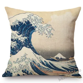 Asian Art Stor Bølge Træblok Maleri Japanske Kunstner Hokusai Kultur Dekoration Pudebetræk Bomuld Sofa Pude Dække