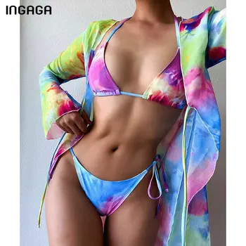 INGAGA Sexede Bikinier Mikro Badetøj Tie dye Badetøj Kvinder Tre Stykke badetøj Mesh Badetøj 2021 Nye Grime Biquini