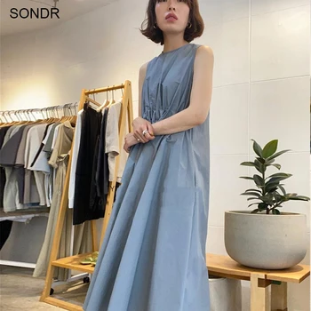 Et Stykke Korea Vintage Off Skulderen Tank Dress Kvinder Sommeren Elegant Ærmeløs Snor-Folder Lynlås Blå Midi Sundress