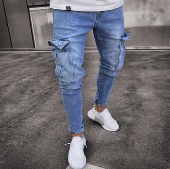 2020 Nye Mode Multi Lommer Mandlige Streetwear Jeans til Mænd Foråret Lange Jeans Slim Tynde Tynde Blå Jeans til Mænd Hiphop Bukser