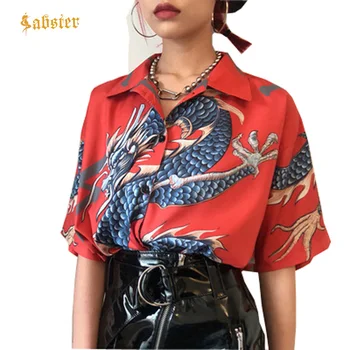 2018 Sommeren Kvinder Toppe Harajuku Bluse Kvinder Dragon Print kortærmet Skjorter Bluser Kvindelige Streetwear kz022