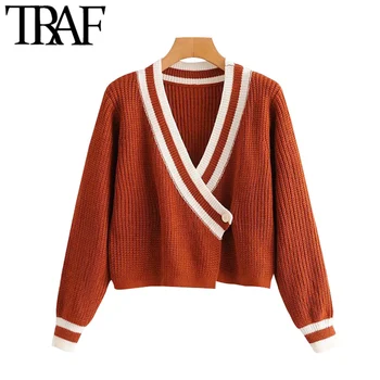 TRAF Kvinder Mode Enkelt Knap Patchwork Beskåret Strikket Cardigan Sweater Vintage Lange Ærmer Wrap Kvindelige Overtøj Smarte Toppe