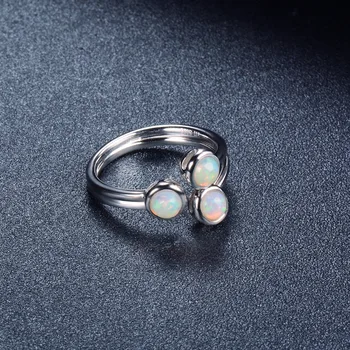 HUTANG Naturlige Opal Kvinders Ring, 925 Sterling Sølv Engagement Åbne Ringe, Gemstone Fine Smykker 3 Sten i Klassisk Design