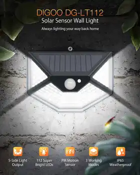 DIGOO DG-LT112 PIR bevægelsesføler 112 LED Solcelle væglampe Fem-Retning Luminescens Solar Light IP65 Udendørs Belysning Fastholdelsesanordningen