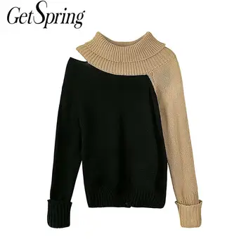 Getspring Kvinder Sweater Patchwork Off Skulder, Farve Matchende Dame Trøjer Hule Ud Afslappet Plus Size Strik Sweater Kvinder