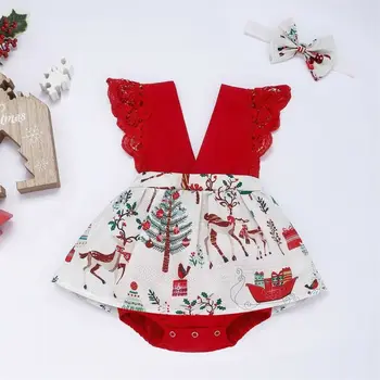 Christmas Baby Pige Spædbarn Tøj Ærmeløs Lace Jumpsuit Heldragt+Pandebånd 2 delt Sæt Tøj Sat til 0-24M