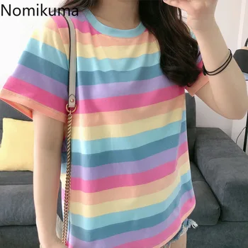 Nomikuma Regnbue Stribet Kvinder kortærmet t-shirt koreanske Kausale O Hals Grafiske Tees 2020 Sommeren Nye Femme T-shirts, Toppe 6A376