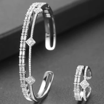 GODKI Luksus Bagutte Crystal Saudi-Arabien Bangle Ring Set Smykker Sæt Til Kvinder Bryllup Engagement brincos para som mulheres 2020