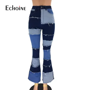 Echoine Kvinder Farve Blok Høj Talje Flare Jeans Lomme Sexet Streetwear Kvindelige Slank Patchwork Denim Jean Plus Size cargo bukser