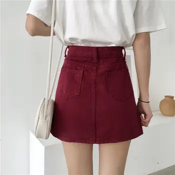 Denim nederdele med Høj talje Solid A-linje Vintage koreansk-stil Dame Elegant Hip-nederdel Fritids-Alle-match Slank Mode Sommer Chic