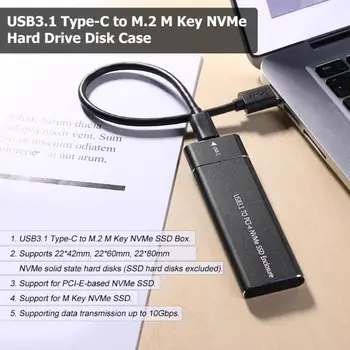 NVME SSD Kabinet, M. 2 NVME til USB-C Adapter med sort sag, USB 3.1 Gen 2 (10 Gbps) for Samsung 960/970 EVO/PRO M2 PCIE SSD