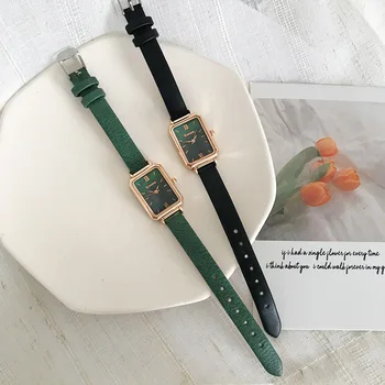 Rektangel Kvinders Mode Ure Elegante Ladeis Mekaniske Armbåndsure Ulzzang Luksus Mærke Sort Grøn Kvindelige Watch Læder Ur