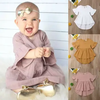 Toddler Baby Pige Tøj Solid Farve Flæse Kjole Afslappet Sundress Bomuld