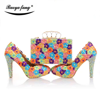 BaoYaFang Multifarvet blomst skinnende krystal kvinders platform bryllup sko med matchende tasker, Clutches høje hæle kvindelige Pumper