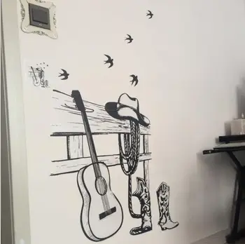 Tegnefilm Skitse cowboy dress up Guitar Wall Sticker Dekoration Til Drenge Soveværelser Hjem Decal Mønster Aftagelige Pvc-Vindue Plakat
