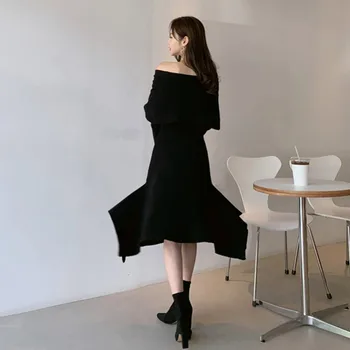 Nye ankomst Bane koreanske sexy one-hals slim-fit pjusket bunden Strik Kjole høje ende sweater Bodycon Strikkede Kjoler vestidos