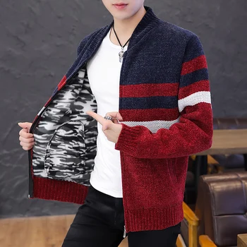 Varm Tyk Sweater Mænd koreansk Stil Herre Strikket Cardigan Sweater Slank Stribet Vinter Tøj til Mænd Lynlås Tøj med Lange Ærmer