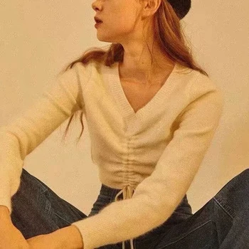 Foråret 2020 koreanske trøje med v hals falde sweater vintage-strikkede sweater er beskåret vinter toppe for kvinder pullover jumper trække femme