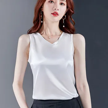 Koreanere Silke Kvinder Bluser Toppe Kvinde Satin Bluse Top Kvinder uden Ærmer V-hals Bluser Toppe Plus Size Blusas Femininas Elegante