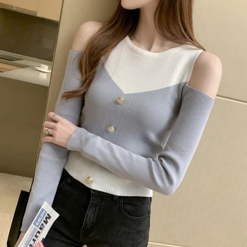 Koreanere Sweater Kvinder Sweater 2020 Efteråret Nye off-Shoulder Farve Matchende Knap Sexet Langærmet Slim-Strikkede Sweater 680G