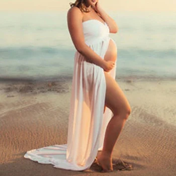 Maternity Dress Tube Top Chiffon Fælles Slit-Front Gravide Kvinder Mopning Lange Maxi Kjole Gravid Kjole Enkel Kvinde Tøj
