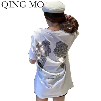 QING MO Sort Hvid Kvinder Fløj Trykte T-Shirt 2020 Sommeren Kvinder Rhinestone T-Shirt Kvindelige Brev T-Shirt Plus Size ZQY3753