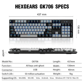 Hexgears K706B Professionel Mekanisk Tastatur med MX Blue Skifte 104 Nøgler Mekanisk Gaming Tastatur med Blå Baggrundsbelysning Metal Panel