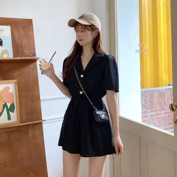 2020 Sommeren Nye Koreanske Kvinder Løs Buksedragt Legedragter Casual Bukser Sexy V Hals Kortærmet Skjorte Rompers Solid Overalls Romper