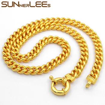 SUNNERLEES Mode Smykker, Guld Farve Halskæde 9mm Jævn Bremse Cubanske Kæde For Herre Dame Gave C39 N