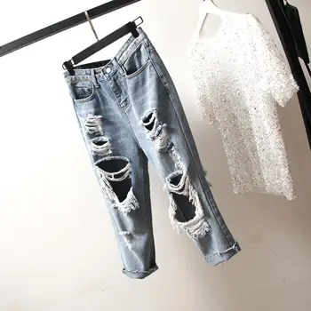 Sexet Ripped Jeans Til Kvinder Vintage Bukser med Høj Talje Boyfriend Jeans Femme Løs Streetwear Plus Size Hul Denim Jeans 4XL