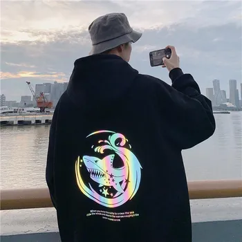 Haj Reflekterende Hoodie Streetwear Mænd Hip Hop Oversized Sweatshirt Fede Dyr Toppe Casual Foråret Efteråret Japan Hættetrøjer Mandlige