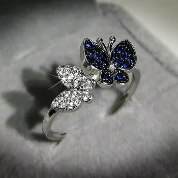 JoiasHome Sølv 925 Smykker, Ædelstene Sommerfugl Ring for Kvinder Hvid Blå AAA Zircon sløjfeknude trendy kvinder finger ring Size6-10