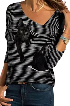 Sød Stribet Kat Diagonal Krave T-shirt til Kvinder Efteråret Afslappet langærmet Top Kvindelige Nem Plus Size Sort Blå Rød Tee S-5XL