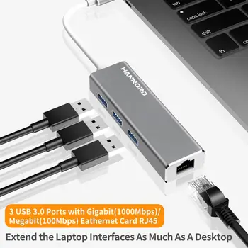 Hannord 4-i-1-USB Type C-Hub Adapter Omformer/USB 3.0 Hub til USB3.0 100M/1000 mbps RJ45 Ethernet-Port Lan-Adapter til Bærbare