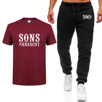 Hot TV SOA Sons of Anarchy Cosplay Kostume Herre T-shirt SAMCRO Kraniet Print i høj kvalitet Bomuld kortærmet T-Shirts+bukser, der passer