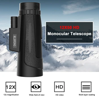 12X50 HD Monokulare Teleskop vandtæt, anti-tåge Night Vision Monokulare to-i-én med fokus med Stativ og Smartphone Holder