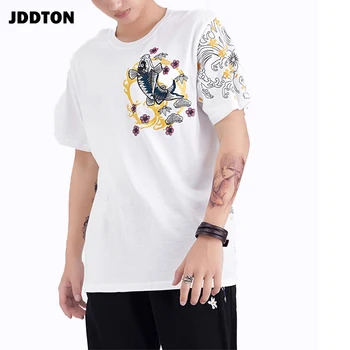 JDDTON Sommeren Herre Bomuld Broderi T-Shirts Kinesisk Stil kortærmet Pullover Løs Streetwear Casual Fashion T-Shirt JE433