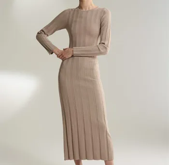 2019 tidlige efterår glat ensfarvet tråd stribet kvinder langærmet slim strik lang kjole i to farver