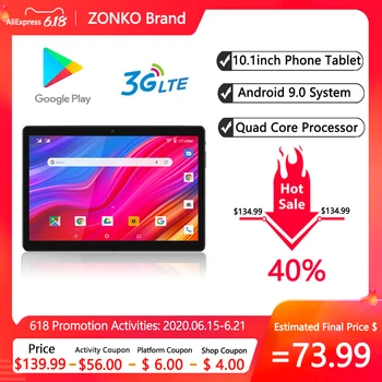 ZONKO 10 tommer Tablet PC Android 9.0 3G-Telefon Opkald Tabletter WiFi Undersøgelse Tablet 2 GB RAM, 32 GB ROM 1280*800 IPS GPS Netflix 6000mAh
