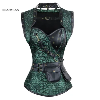 Charmian Kvinders Plus Size Retro Gotiske Steampunk Korset Spiral Steel Boned Grøn Lilla Corset Brocade Bustiers med Etui Bælte