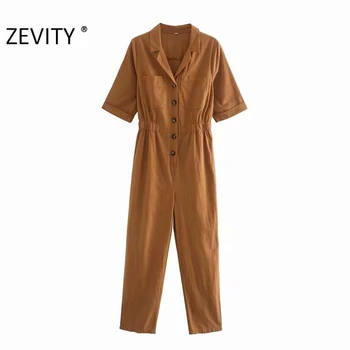 ZEVITY kvinder safari style hak krave, lommer patch siamesiske rompers dame korte ærmer linned jumpsuits casual bukser DS4323