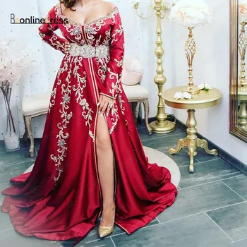 Bbonlinedress Red Marokkanske Kaftan Kjole 2020 Off Skulder-Lange Ærmer Split Crystal Perlebesat Kjole til Aften i vestidos de noite