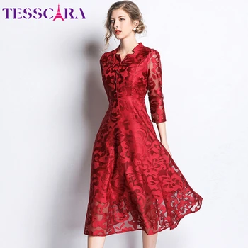 TESSCARA Kvinder Foråret Efteråret Elegante Blonder Kjole Skjorte Kvindelige Høj Kvalitet Vintage Designer Red Vestidos Lang firmafest Robe