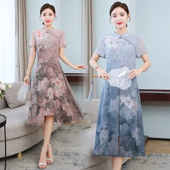 Kinesisk stil kjole til kvinder lang sommer nye Kort-langærmet kjole damer forbedret bryllup kjole efterligning silke elegance